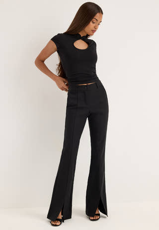 Mid Waist Stretchy Flared Slit Trousers Black