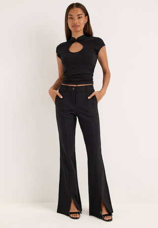 Mid Waist Stretchy Flared Slit Trousers Black