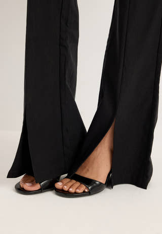 Mid Waist Stretchy Flared Slit Trousers Black