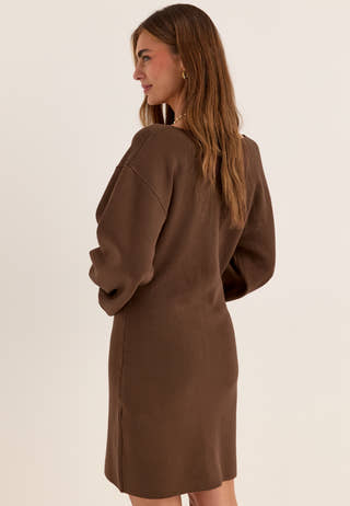 Knitted Mini Cardigan Dress Brown