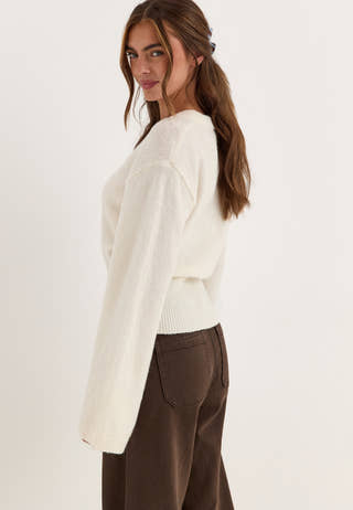 Knitted Wool Blend Wide Sleeve Sweater White