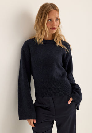 Knitted Wool Blend Wide Sleeve Sweater Blue
