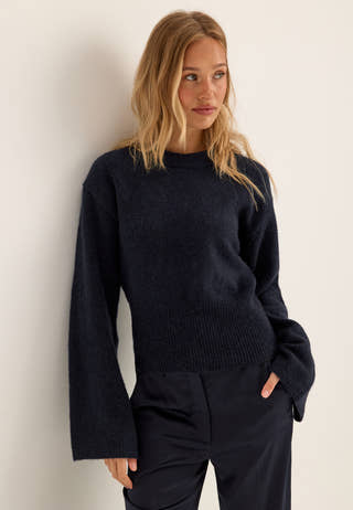 Knitted Wool Blend Wide Sleeve Sweater Blue