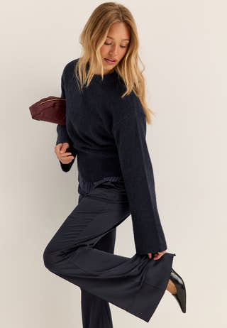 Knitted Wool Blend Wide Sleeve Sweater Blue