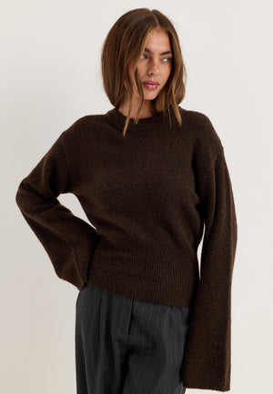 Knitted Wool Blend Wide Sleeve Sweater Brown