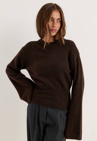 Knitted Wool Blend Wide Sleeve Sweater Brown