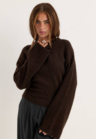 Knitted Wool Blend Wide Sleeve Sweater Brown