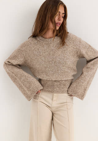 Knitted Wool Blend Wide Sleeve Sweater Beige