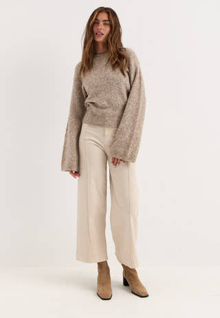 Knitted Wool Blend Wide Sleeve Sweater Beige