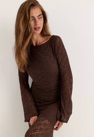 Long Sleeve Lace Maxi Dress Brown