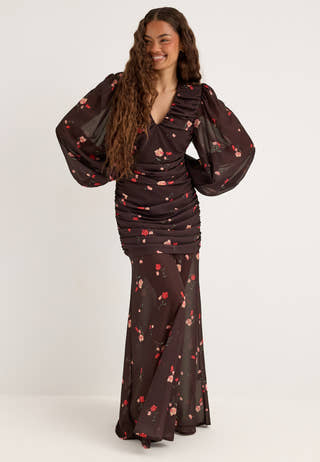 Balloon Sleeve Chiffon Maxi Dress Patterned