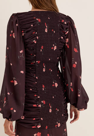 Balloon Sleeve Chiffon Maxi Dress Patterned