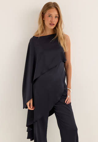 Asymmetric One Shoulder Satin Top Blue