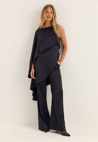 Asymmetric One Shoulder Satin Top Blue