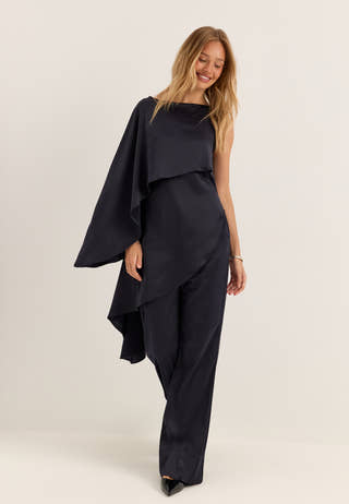 Asymmetric One Shoulder Satin Top Blue