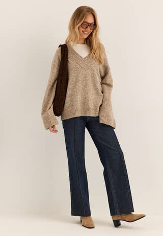 Knitted V-neck Sweater Beige