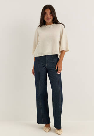 Knitted Wool Blend Short Sleeve Sweater White