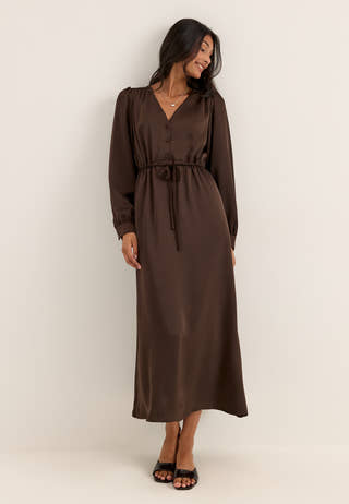 Satin Puff Sleeve Maxi Dress Brown