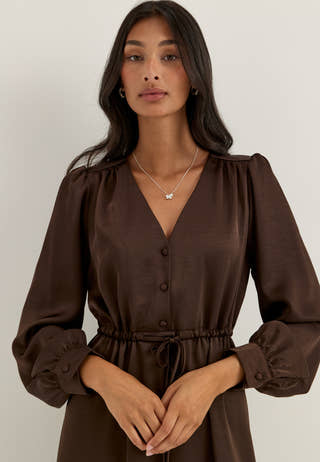 Satin Puff Sleeve Maxi Dress Brown