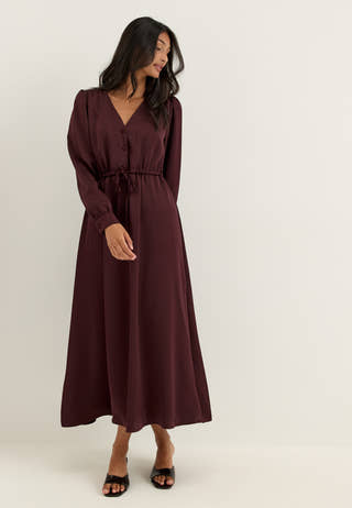 Satin Puff Sleeve Maxi Dress Red