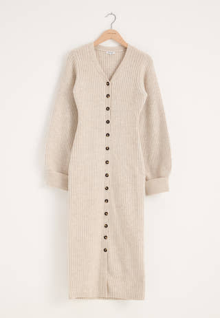 Knitted Volume Sleeve Cardigan Dress White