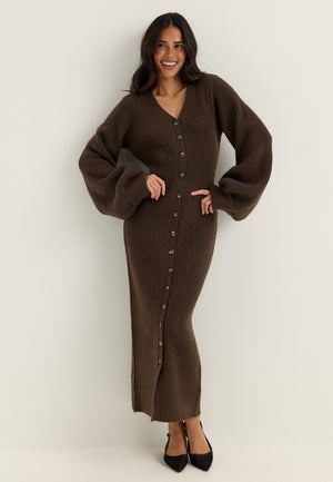 Knitted Volume Sleeve Cardigan Dress Brown