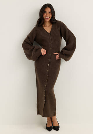 Knitted Volume Sleeve Cardigan Dress Brown