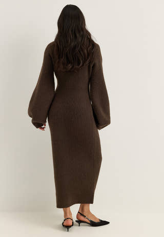 Knitted Volume Sleeve Cardigan Dress Brown