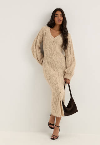 Cable Knitted Volume Sleeve Cardigan Dress Beige