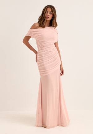 Off Shoulder Mesh Gown Pink