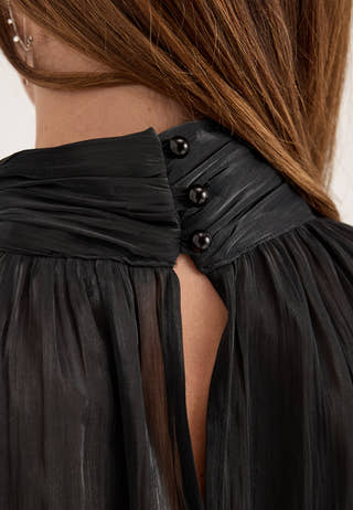 Balloon Sleeve Short Flounce Dress Black