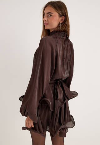 Balloon Sleeve Short Flounce Dress Brown