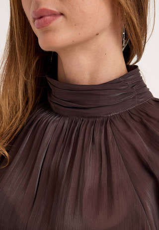 Balloon Sleeve Short Flounce Dress Brown