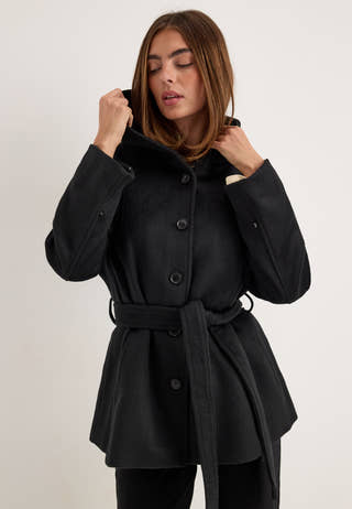Hooded Wool Blend Coat Black