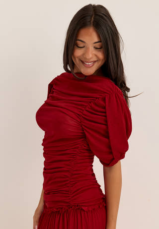 Draped Ruched Ankle Dress Red