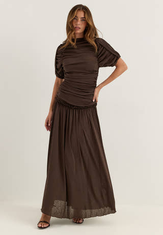 Draped Ruched Ankle Dress Brown