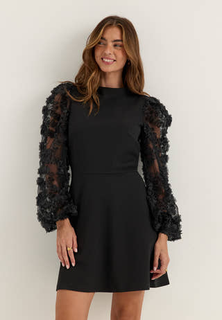 3D Floral Sleeve Dress Black