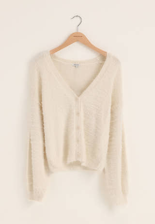 Fluffy Knitted V-neck Cardigan White
