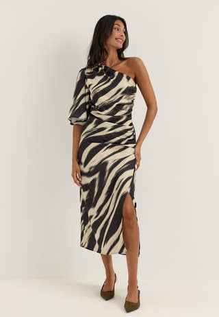 Ruched One Shoulder Satin Midi Dress Patterned