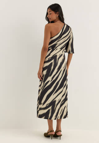 Ruched One Shoulder Satin Midi Dress Patterned