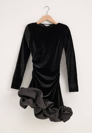 Velvet Ruffle-Hem Short Dress Black