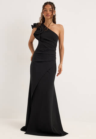 One Shoulder Ruffle Stretch Gown Black