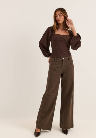 Square Neck Long Sleeve Top Brown