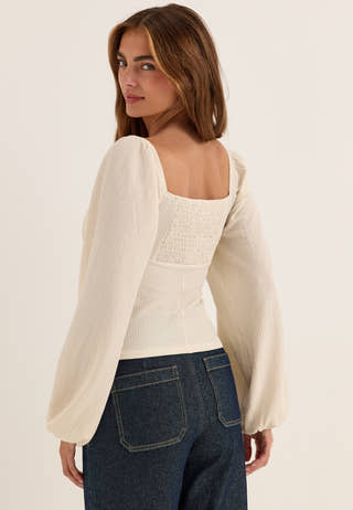 Square Neck Long Sleeve Top White