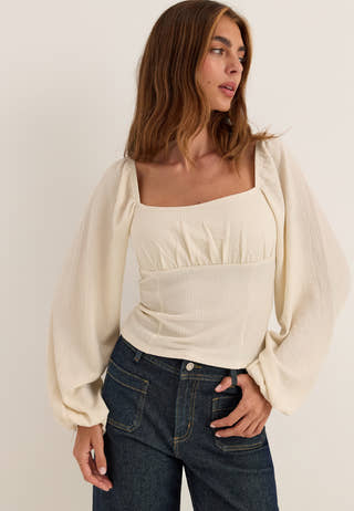 Square Neck Long Sleeve Top White