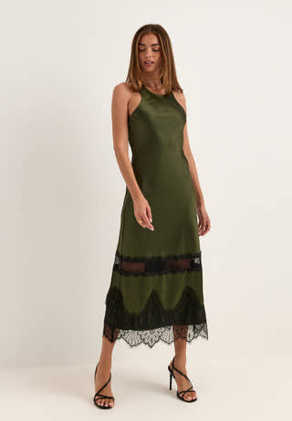 Onlindona S/L Long Lace Satin Dress Green