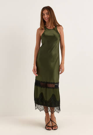 Onlindona S/L Long Lace Satin Dress Green