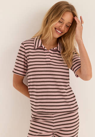 Pcjeya Ss V-neck Loose Polo Striped