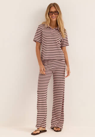Pcjeya Ss V-neck Loose Polo Striped