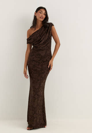 Asymmetric Draped Floral Burnout Maxi Dress Brown